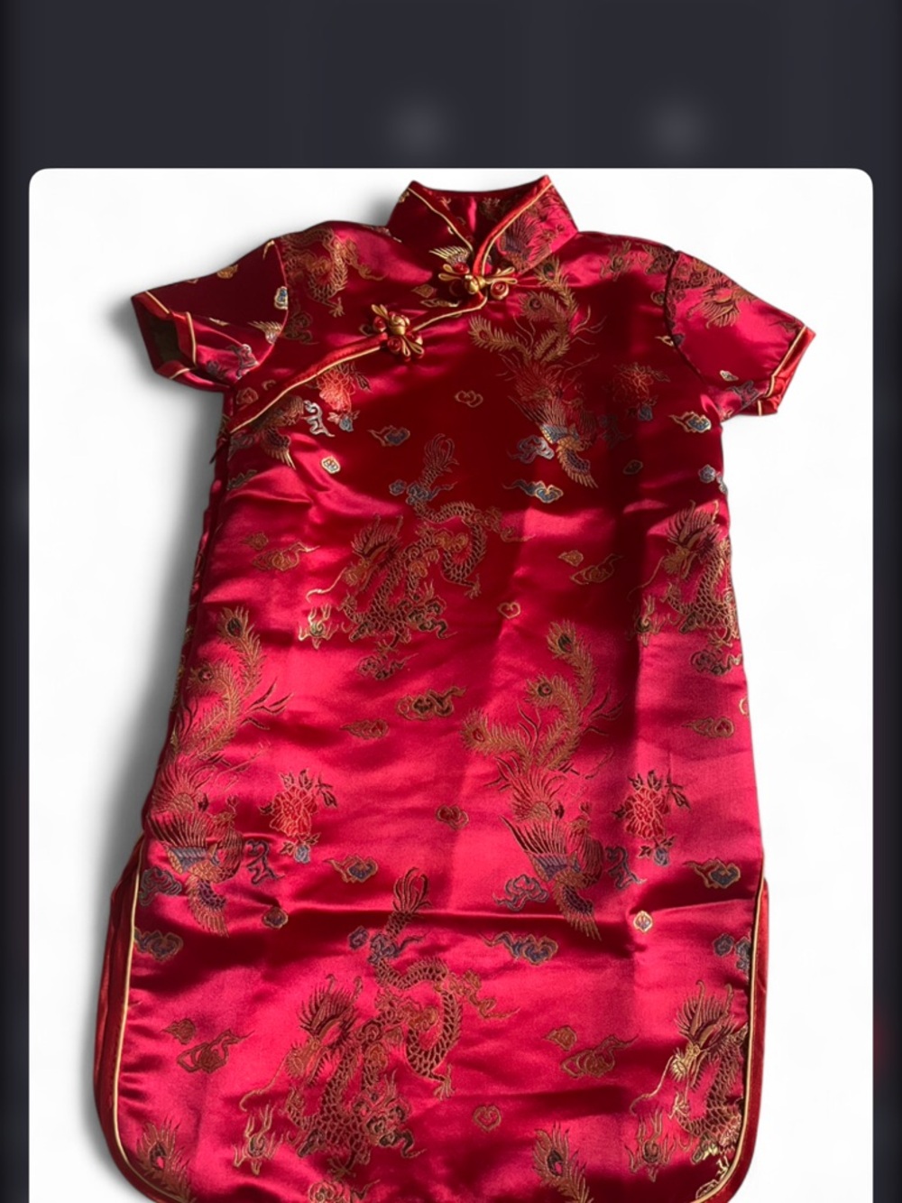 Girls' Red Satin Dragon Qipao Dress with Gold Embroidery